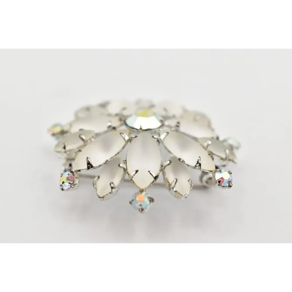 Vintage Crystal Flower Pin Brooch Frosted AB Rhinestone Prong Silver 1990s BinBG